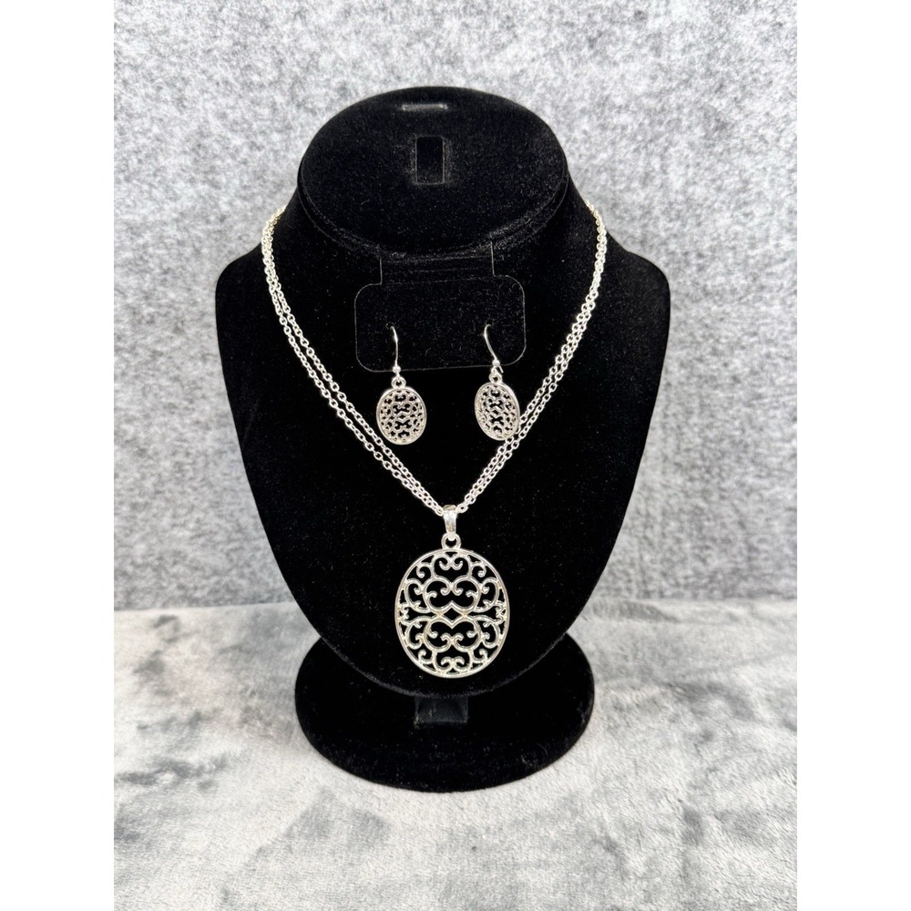 Kim Rogers 15" Necklace & Earring‎ Set Intricate Filigree Silver Tone Jewelry